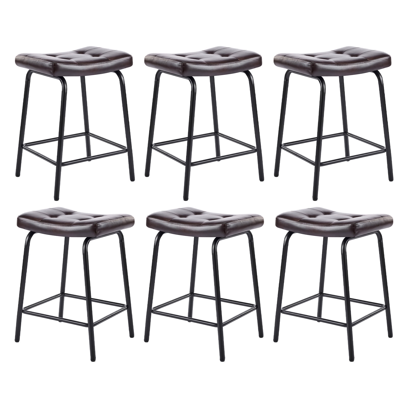 25" Saddle Counter Stools Set of 6, Tufted Faux Leather Counter Height Bar Stools with Metal Legs for Kitchen Island, Black Brown