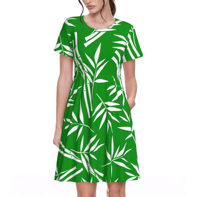 Bixox Robe d'Été à Manches Courtes pour Femmes Robe Ample Longueur Genou avec Poches-Bambou