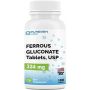 Puregen Labs Ferrous Gluconate 324 mg. 100 Tablets. Iron Supplement
