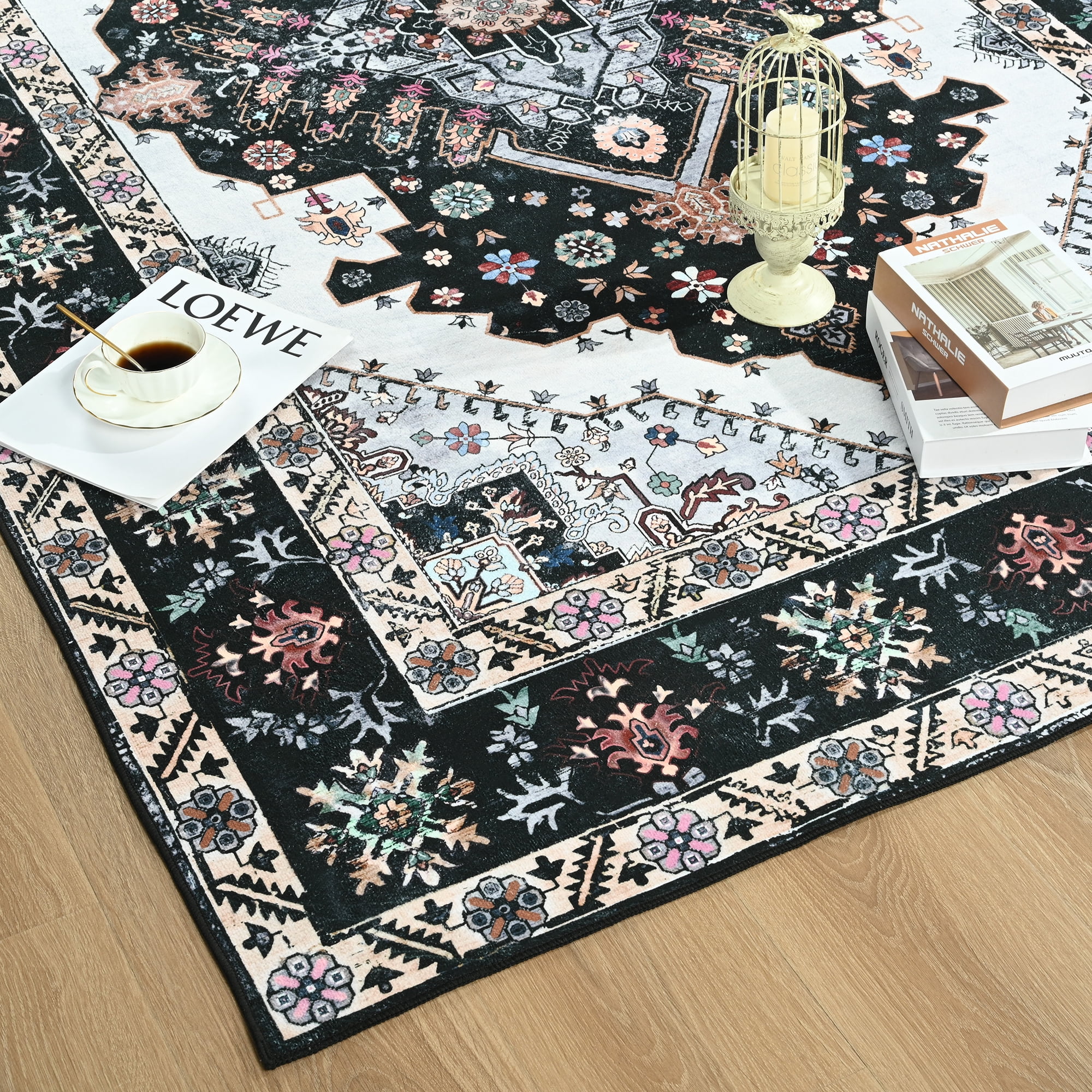 Softlife Ultra-Thin Chenille Vintage Area Rug Oriental Tribal Antique Carpet Boho Style, 5' x 8', Black