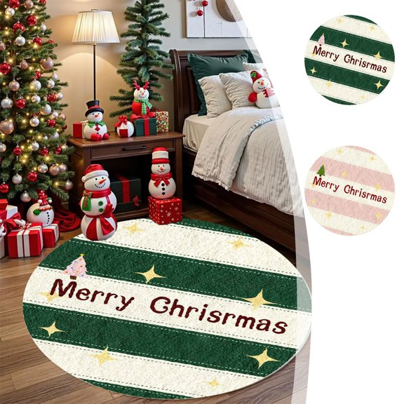 kcavykas Christmas Round Rug 31.5 Inch Non-Slip Washable Green and Pink Tree Mat, Soft Polyester Holiday Area Carpet for Kitchen, Bedroom, Bathroom, or Living Room
