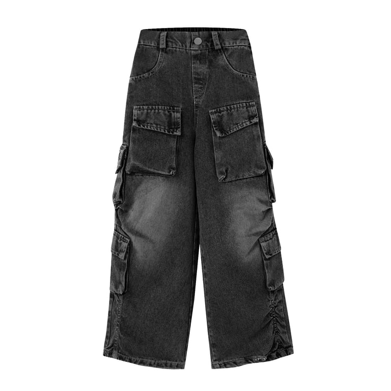 yocbz Teen Jeans Kids Cargo Denim Jeans Straight Wide Leg Baggy