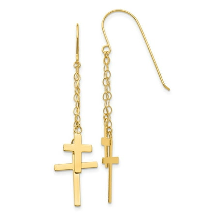 14K Yellow Gold Necklace Chain Dangle Cross Shepherd Hook Earrings (56mm x 12mm)