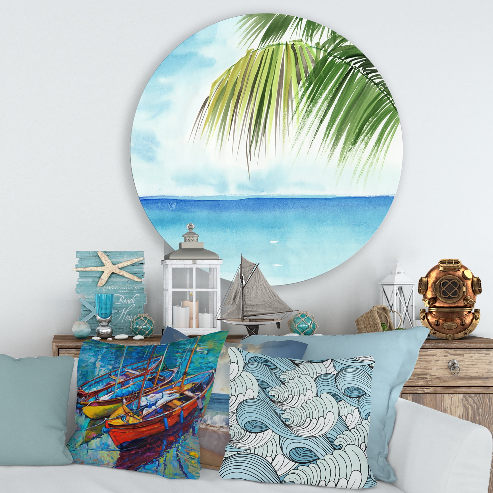 Designart 'Palm Beach Resort At Sunrise III' Nautical & Coastal Circle Metal Wall Art 29x29 - Disc of 29