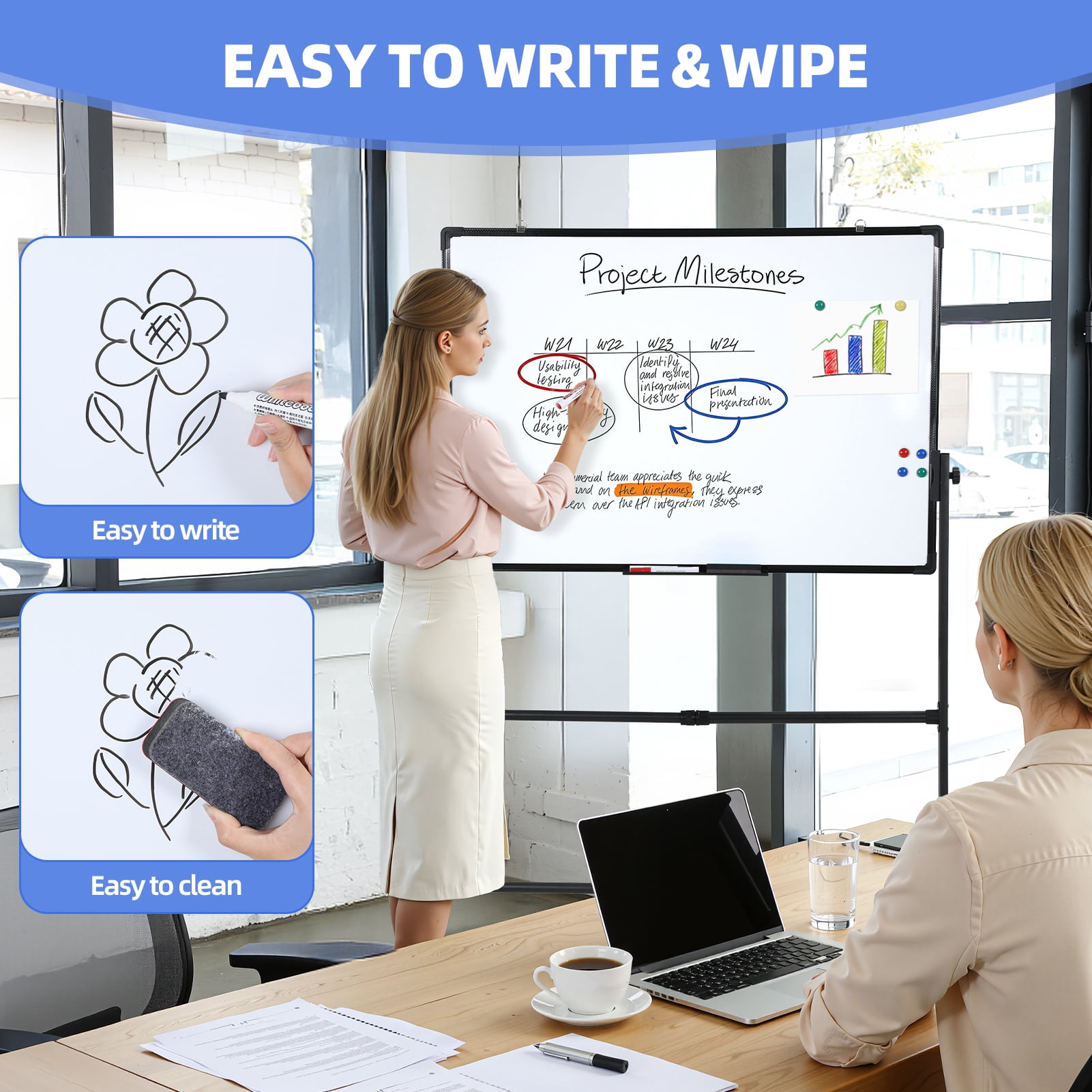 Rolling Dry Erase Board, 40 x 28 Inch Large Magnetic Mobile Standing Whiteboard, Height Adjustable Double Sided Easel Style White Board with Stand for Office, Classroom & Home
