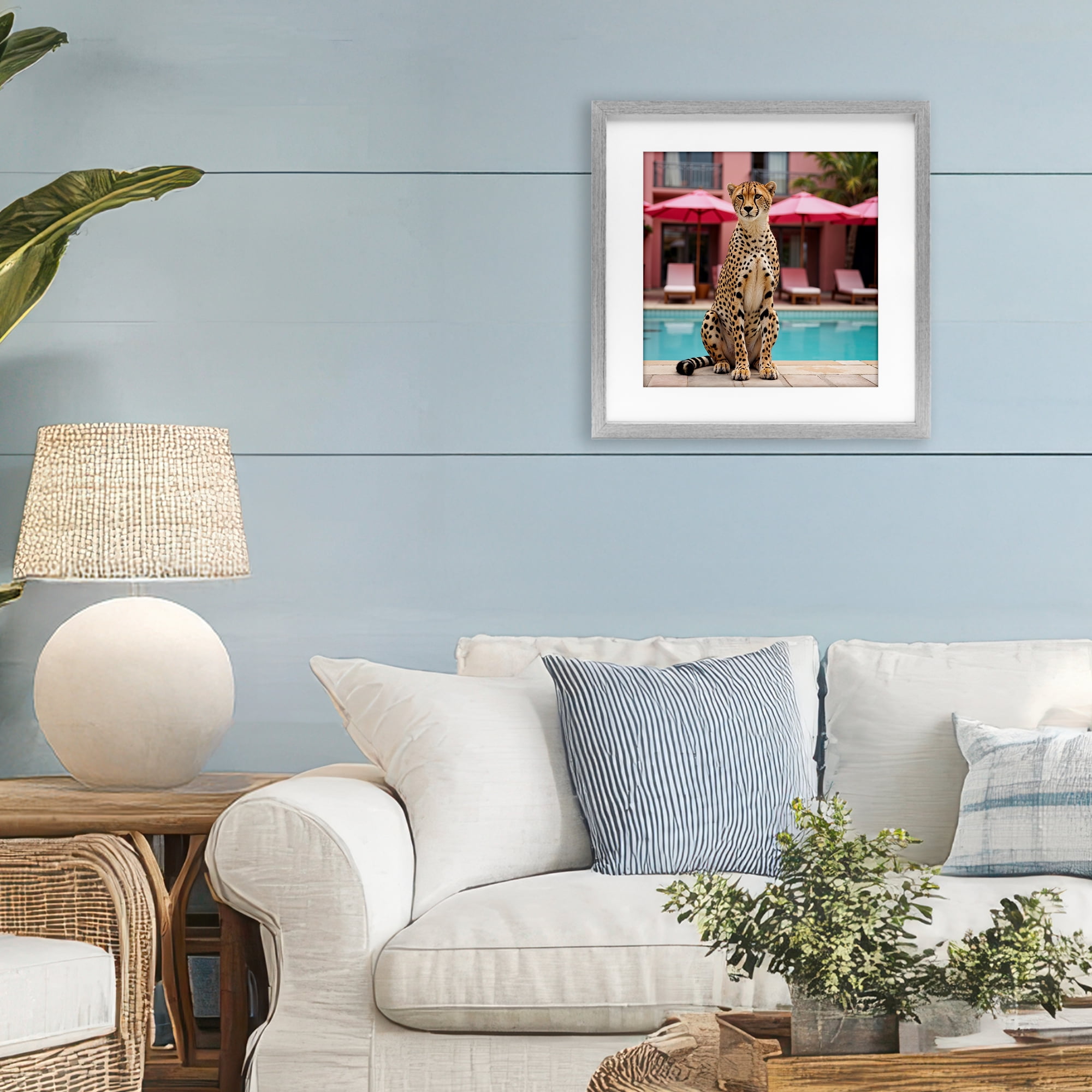 Cheetah Posed at Poolside Gray Framed Print Under Glass, design by Lettered and Lined