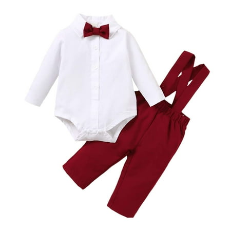 

6 Months Baby Boys Gentleman Outfits Set 9 Months Boys 2PCS Outfits Infant Boys Long Sleeve Top with Bow-tie Overall Pants Set White