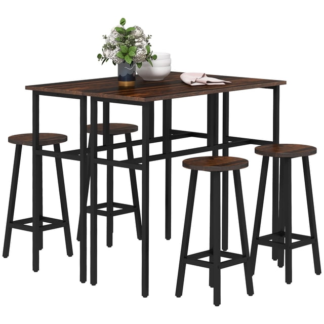 Rustic Brown 6-Piece Bar Table Set with 4 Stools - Compact Dining Set for Kitchen, Bar, Living Room - Particleboard & Steel Construction, 39.3" x 15.8"