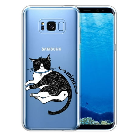 FINCIBO Soft TPU Clear Case Slim Protective Cover for Samsung Galaxy S8+ Plus, Tuxedo Cat Waking