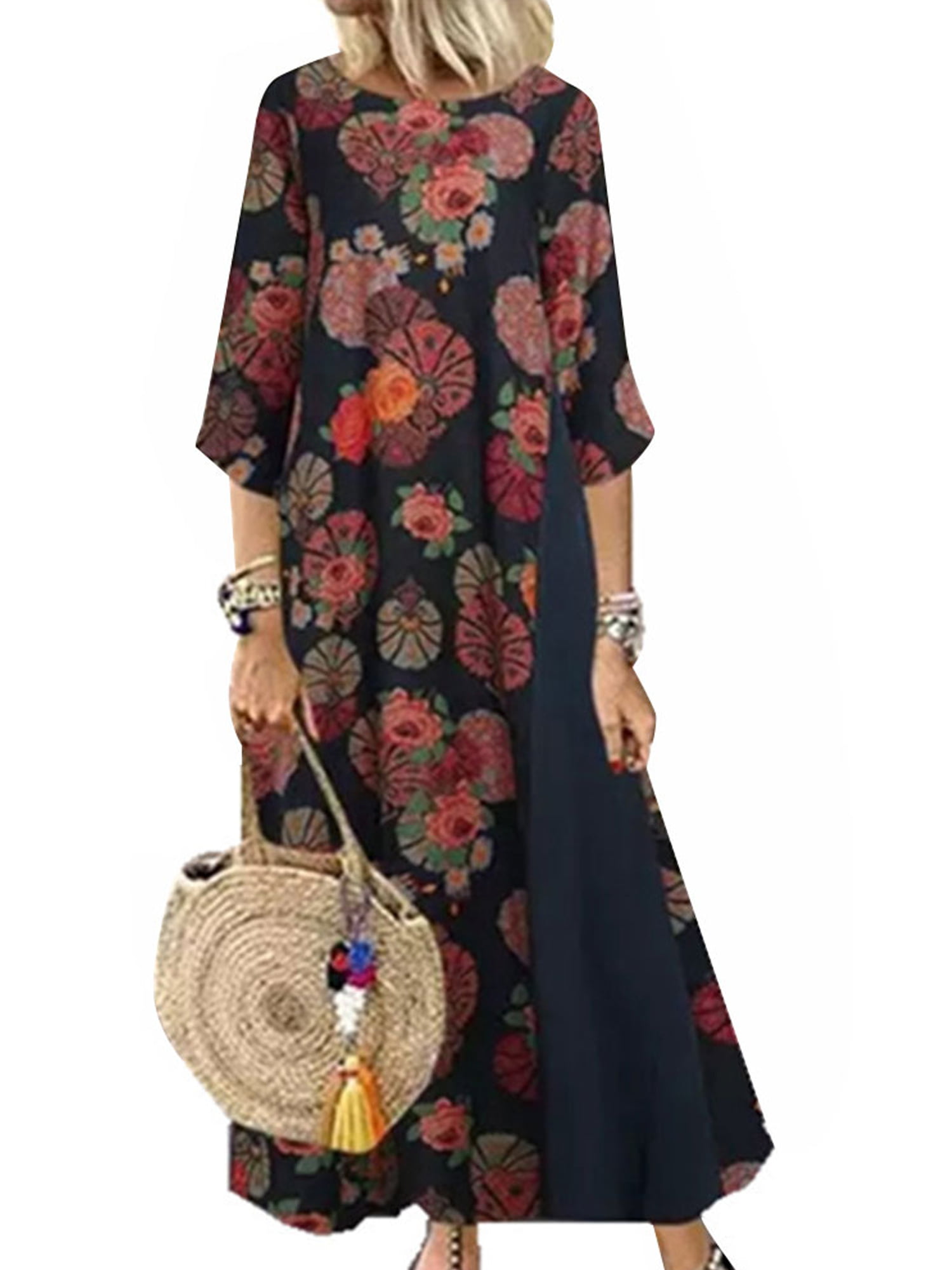 Womens Plus Size Casual Floral Summer Loose Maxi Dress Beach 3/4 Sleeve ...