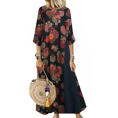 Womens Plus Size Casual Floral Summer Loose Maxi Dress Beach 3/4 Sleeve ...