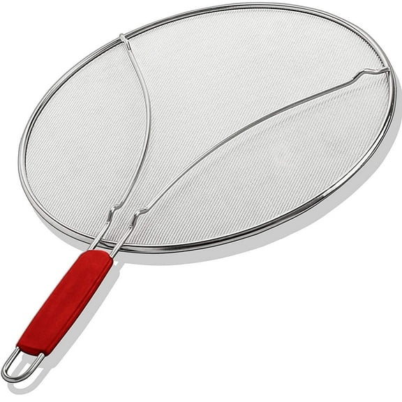 ALPHA LIVING Splatter Guard for Frying Pan  Food Strainer and Universal Cookware 13" - Stops Hot Oil Splash - RED Handle - Splatter Screen for Cooking