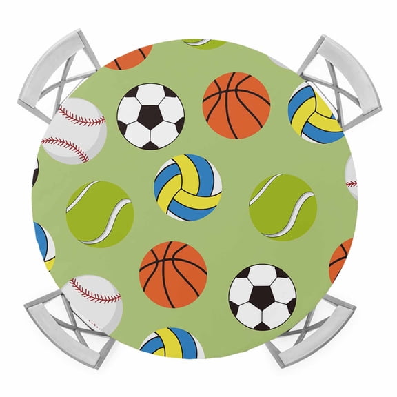 Elastic Fitted Round Tablecloth, Green Balls Waterproof Stretch Table Cover for 55"-60" Tables, Baseball Tennis Basketball Football Washable Outdoor Tablecloths for Patio, Picnic, Camping