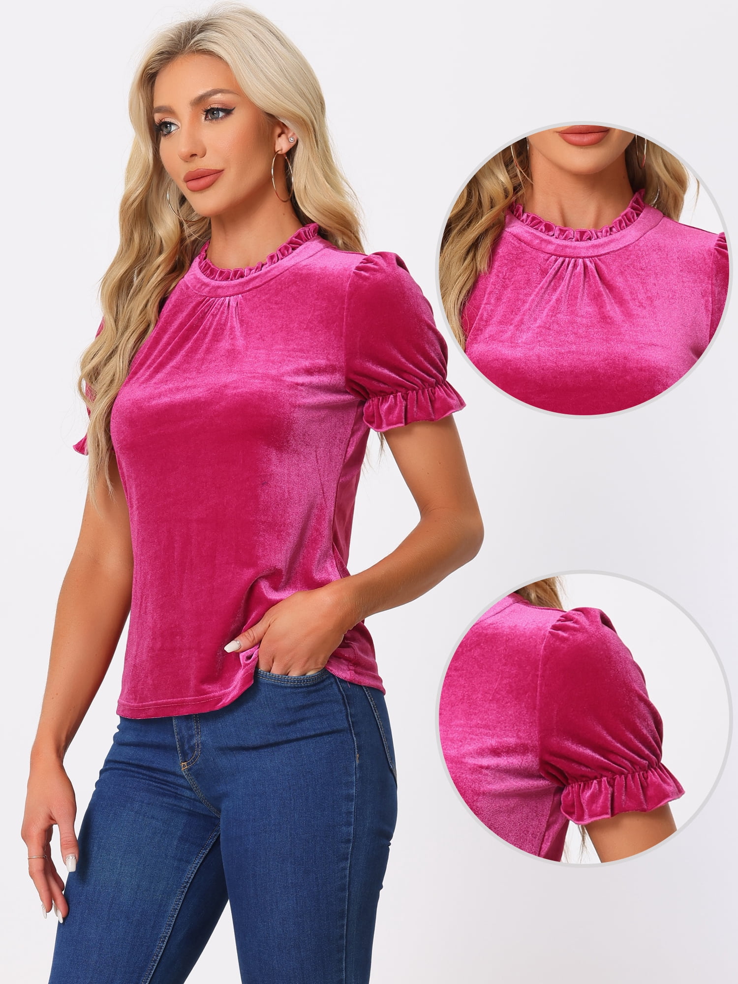 DARING DIVA Women's Ruffle Collar Shirt Velvet Tops Blouse XS Hot Pink