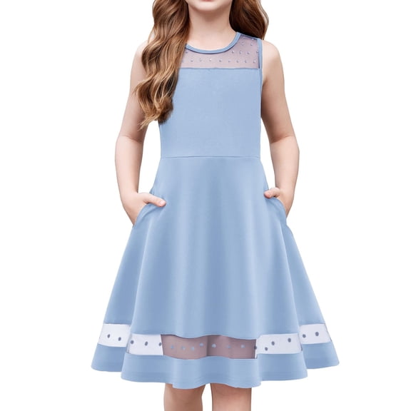 Arshiner Girls Elegant Dresses Sleeveless Round Neck A-line Party Dance Graduation Mesh Dress