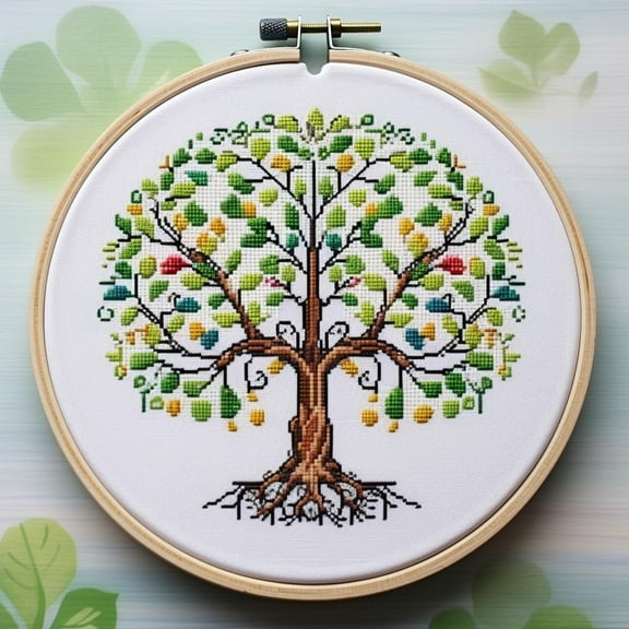 Life Tree Stamped Cross Stitch Kits for Beginners Easy with Hoop 11CT Needlepoint Embroidery Counted Cross Stitch Kits Art Craft Wall Decoration 35x35cm(1)