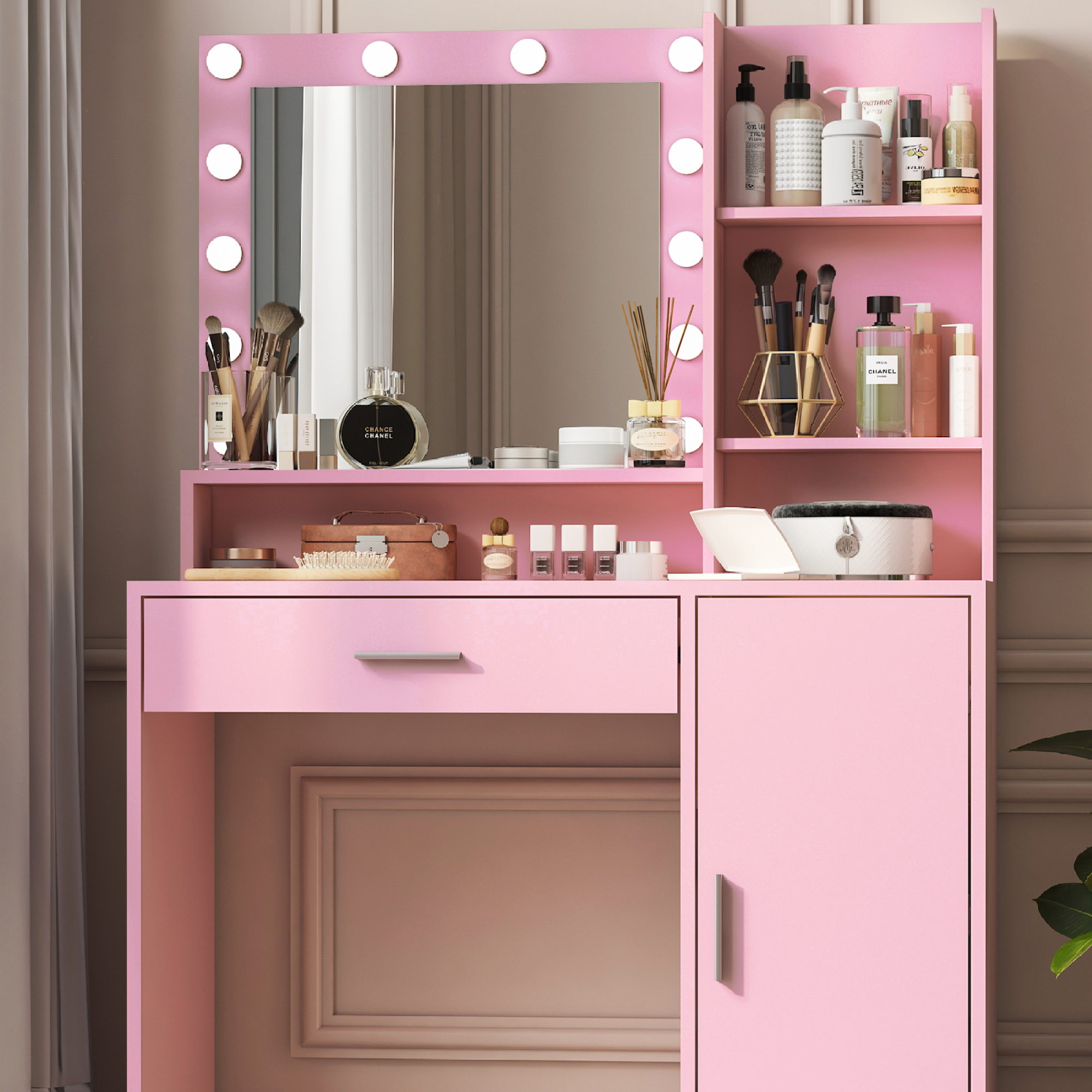Makeup Vanity Desk with Mirror & Light,Large 3 Drawer Storage Dressing Table with 3 Color Lighting Modes for Bedroom,Pink
