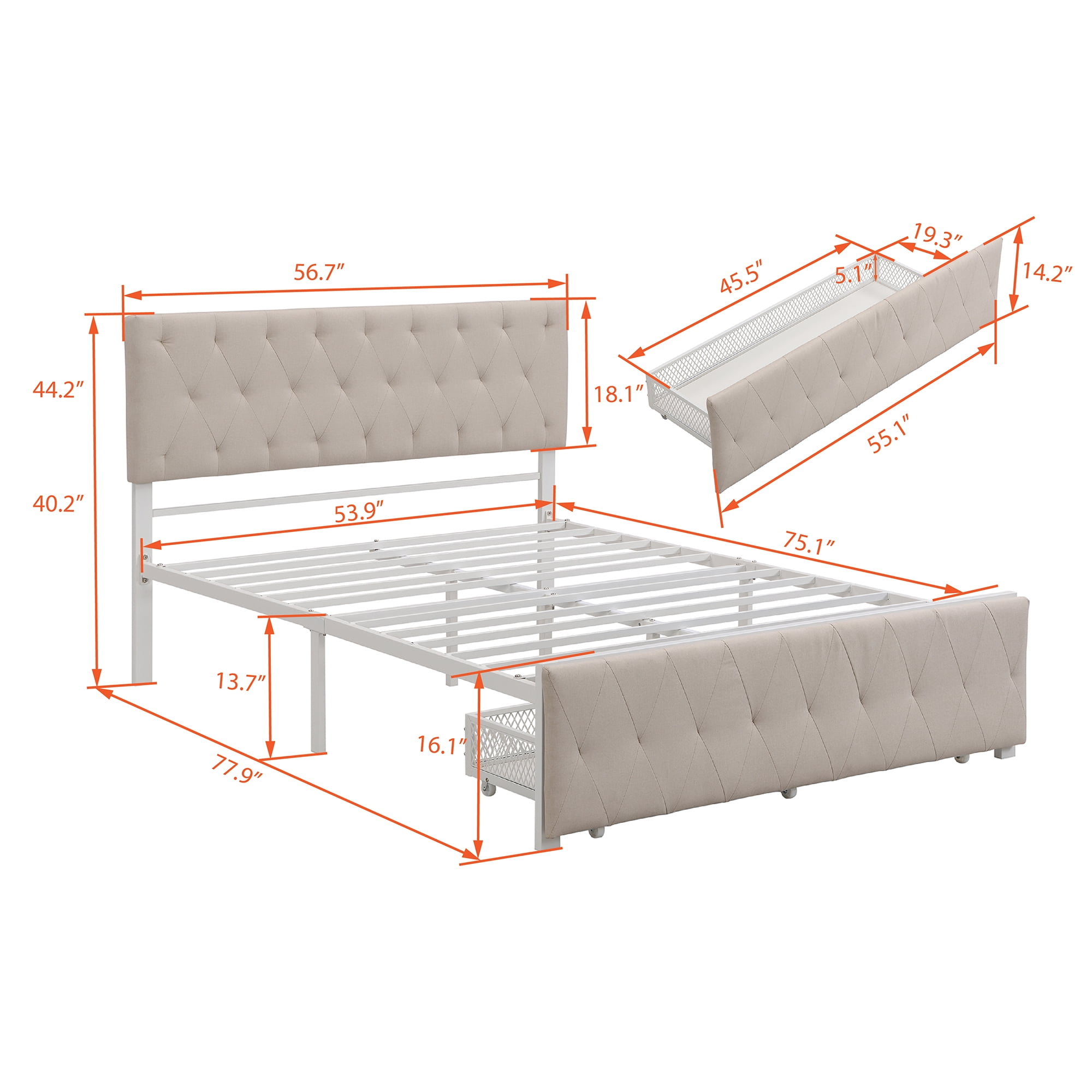 SEVENTH Full Size Modern Linen Platform Bed with Storage Drawer, Beige