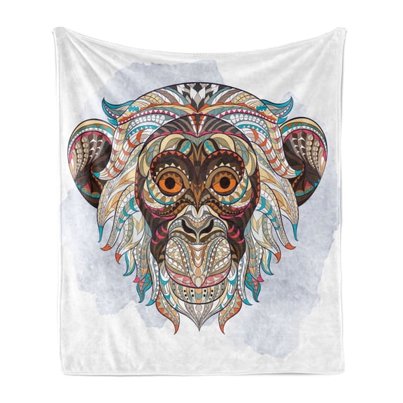 Grunge Soft Flannel Fleece Throw Blanket, Patterned Head of a Monkey on the Grunge Background Totem Illustration, Cozy Plush for Indoor and Outdoor Use, 50" x 70", Teal and Brown, by Ambesonne