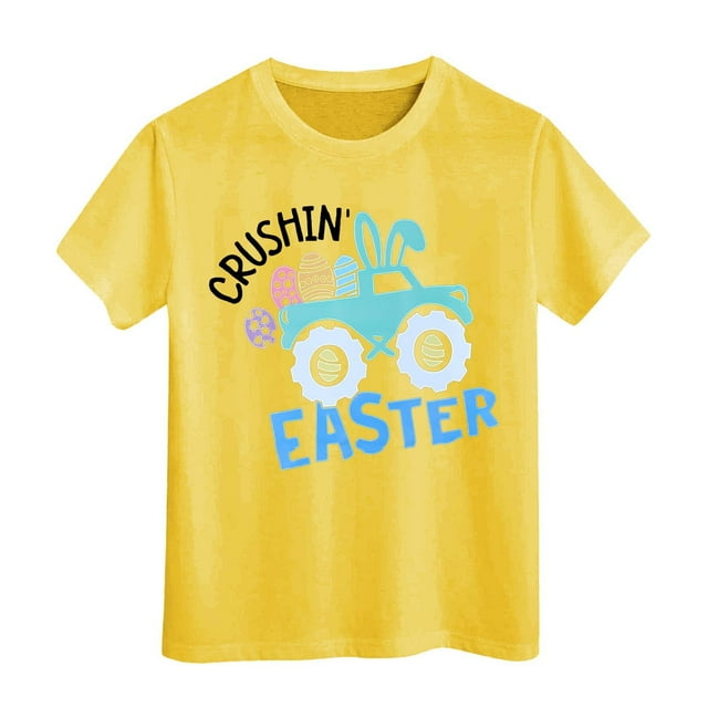 PMVFHDE Tenue de Pâques pour Filles T-Shirt Graphique de Pâques / Imprimé Lapin & Œuf Manches Courtes Col Rond / Tee-Shirt en Coton Doux pour Tout-Petit / Tenue Décontractée Printemps Été Jaune, 3-4 Ans