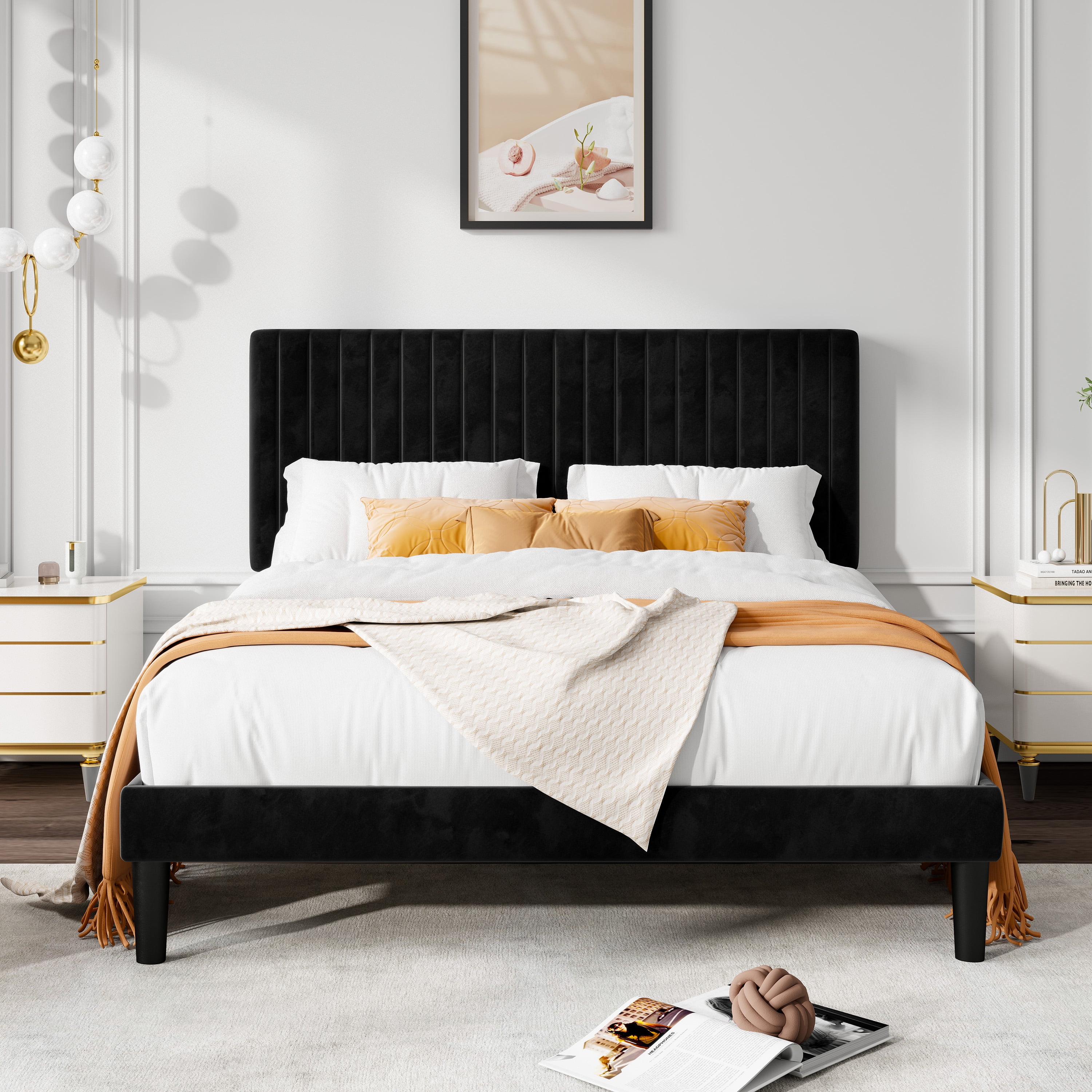 Allewie Full Size Velvet Upholstered Platform Bed Frame with Adjustable Vertical Channel Tufted Headboard, Black