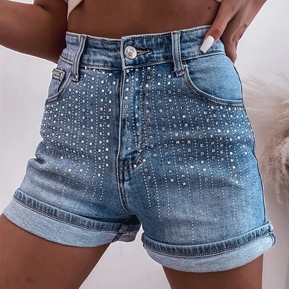 Women's Rhinestone Denim Shorts High Waist Jean Short Y2K Summer Casual Jean Shorts Trendy Y2k Jorts Blue M