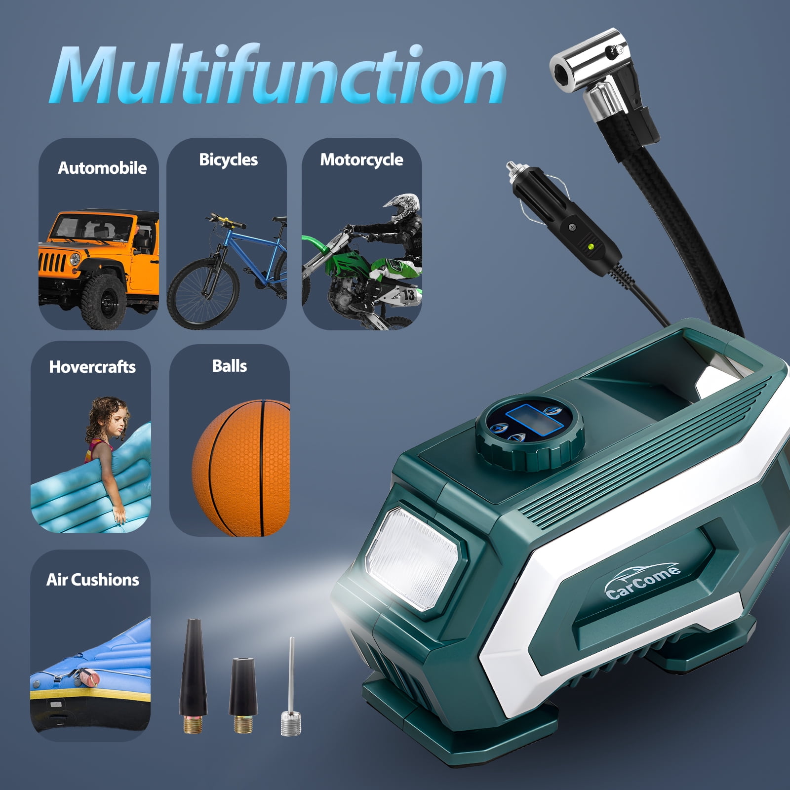 CarCome Portable Tire Inflator for Car,150PSI Air Compressor for Car Tires Inflator,12V DC Auto Tire Pump with Digital Pressure Gauge,Emergency LED Light for Car, Bike, Balloons and Other Inflatables