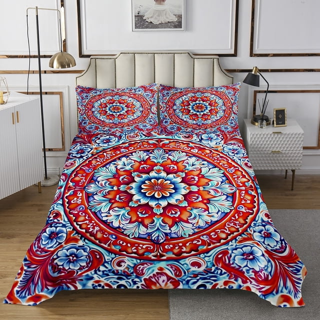 Erosebridal Bohemian Mandala Coverlet Set Queen, Hippie Floral Bedding Set, Microfiber