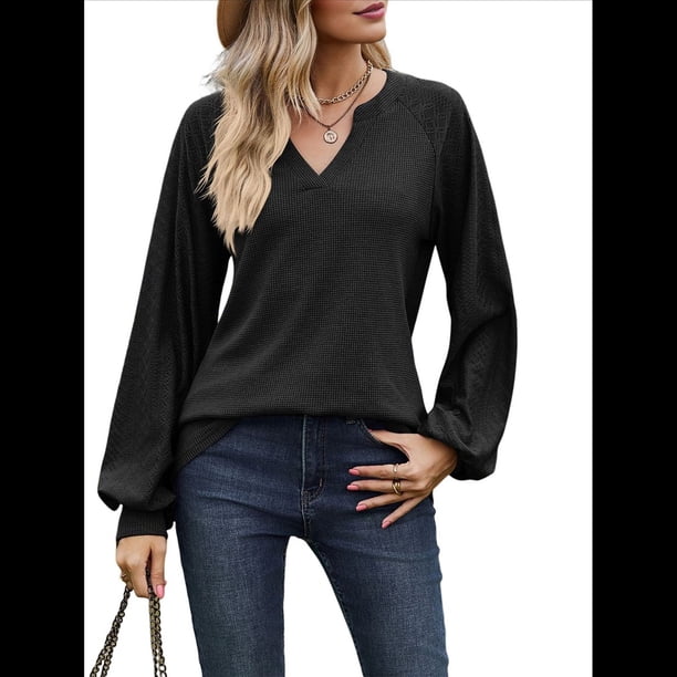 Camisetas de Larga para Mujer, Blusa con Escote en V Profundo, Elegantes e Informales, Moda 2025, Holgadas y Suaves, para Otoño e Invierno Negro XL