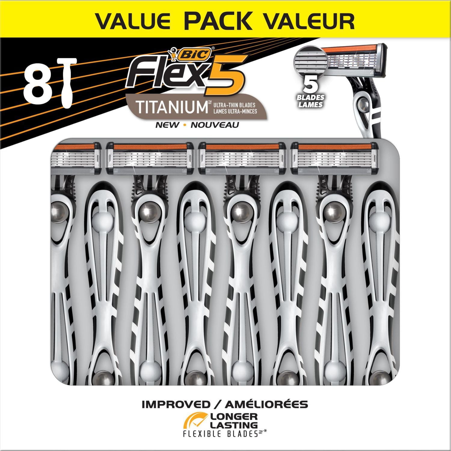 BIC Flex 5 rasoir jetable pour hommes, 5 lames, lot de 8, paquet économique de rasoirs pour hommes, pour un rasage ultra-précis et un meilleur contrôle, 8 unités