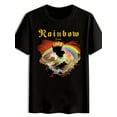 thumbnail image 2 of Men'S Retro Rock Band Graphic T-Shirt - "Rainbow Rising" Design with Fist & Rainbow, Black Polyester Crew Neck Short Sleeve Tee, Perfect for Summer, Travel, Beach, and Festivals, Rock T Shirt, 2 of 6