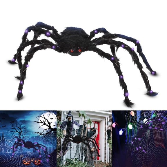 Luxtrada Light Up Black Hairy Spider, Realistic Scary Glowing Plush Spider, Best Halloween Party Props Decoration with 4 Batteries