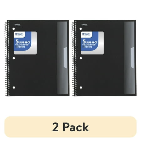 (2 pack) Mead 5 Subject College Ruled Notebook 85 x 11 Black Poly Spiral 160 Sheets - Hot