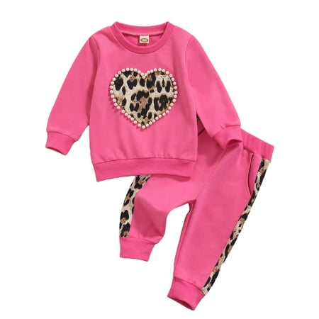 

Nokpsedcb Kids Girls 2Pcs Clothes Sets Autumn Outfits Heart Leopard with Pearl Long Sleeve Sweatshirt Pants Rose Red 4-5 Years
