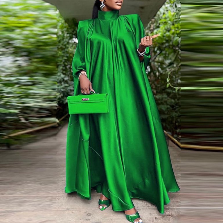 VONDA Women Elegant Long Bat Sleeve Stand Collar Evening Party Pleated  Casual Solid Loose Long Dress - Walmart.com