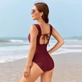 thumbnail image 4 of MLQIDK Women One Piece Swimsuit Tummy Control High Waisted Modest Full Coverage Swimwear Solid Color Ruched Square Neck Bathing Suit Wine S, 4 of 5