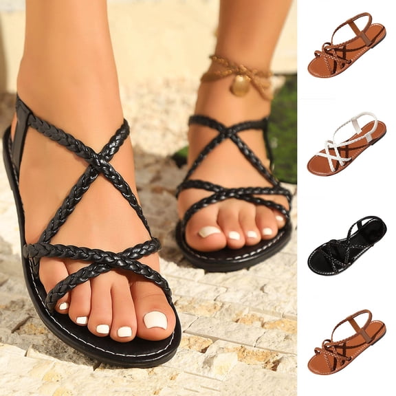 Sandalias De Mujer Women's Sandals Women's Fashionable And Versatile Solid Color Woven Strap Plus Size Shoes Spring And Summer Trendy Comfortable Sandals Black 43