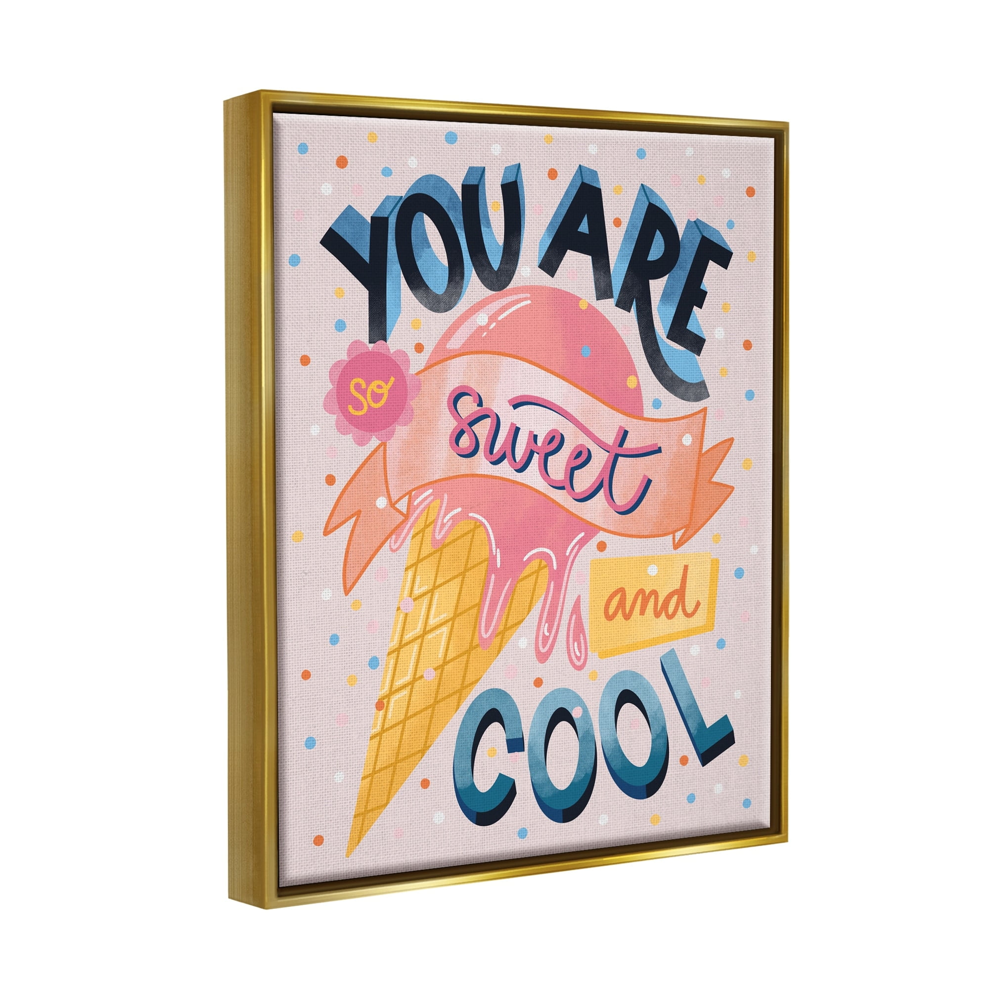Stupell Industries Sweet & Cool Retro Patterned Polka Dot Ice Cream Graphic Art Metallic Gold Floating Framed Canvas Print Wall Art, Design by Dominika Godette