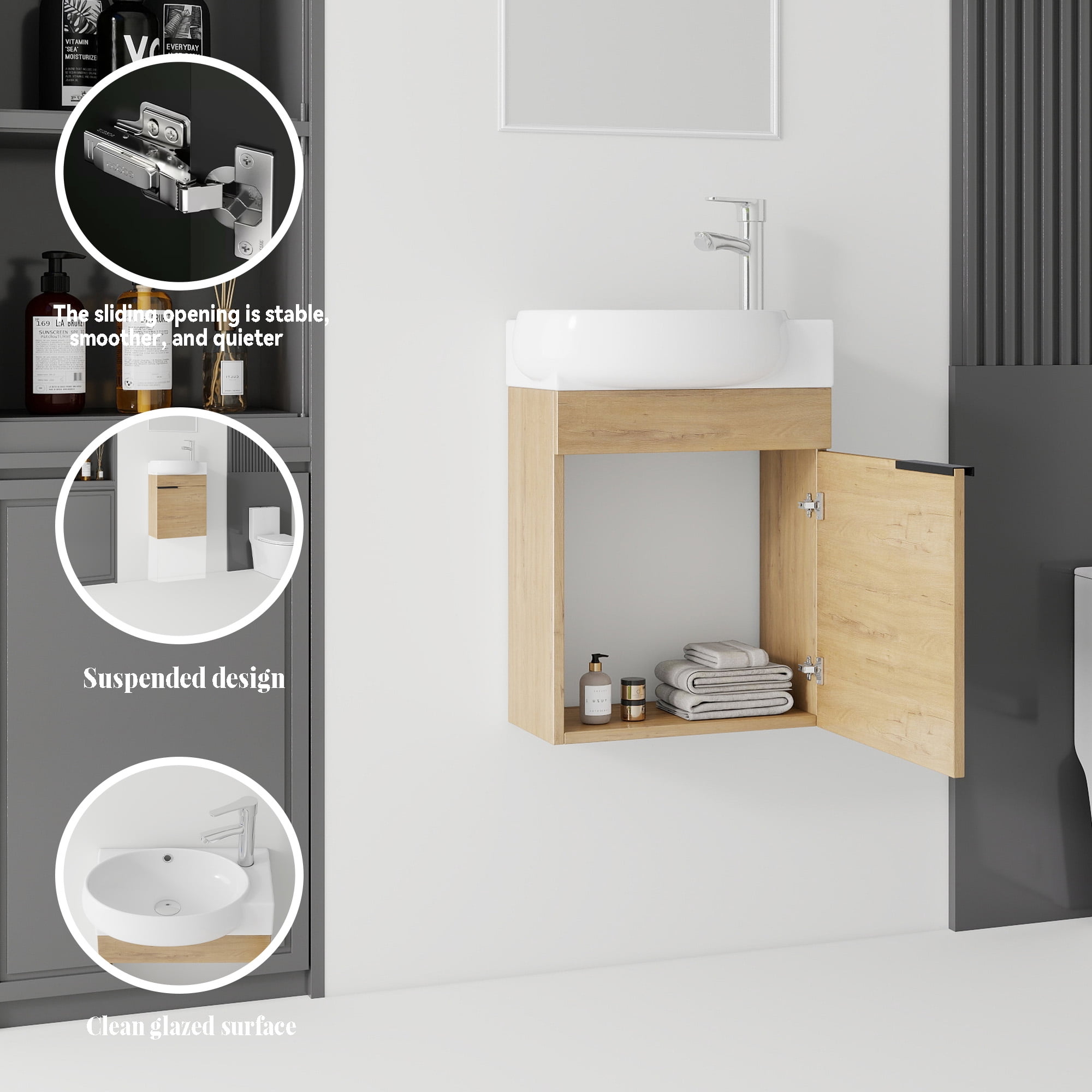 Leumius 16" Wall-Mount Bathroom Vanity Cabinet with with Ceramic Sink & Soft‑Close Doors for Small Space,Bathrooms,Oak