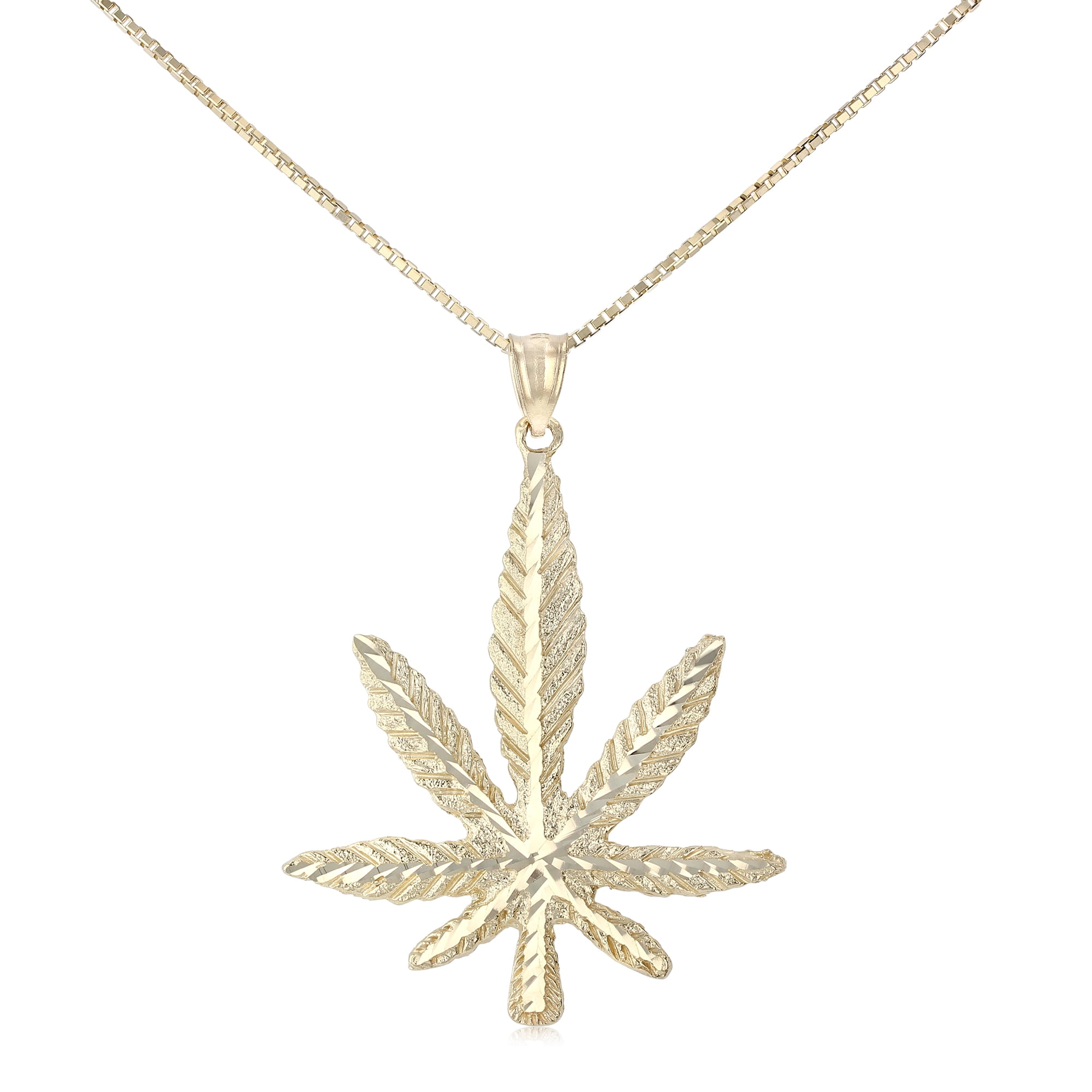 14K Yellow Gold Marijuana Leaf Charm Pendant with 1.2mm Singapore Chain Necklace