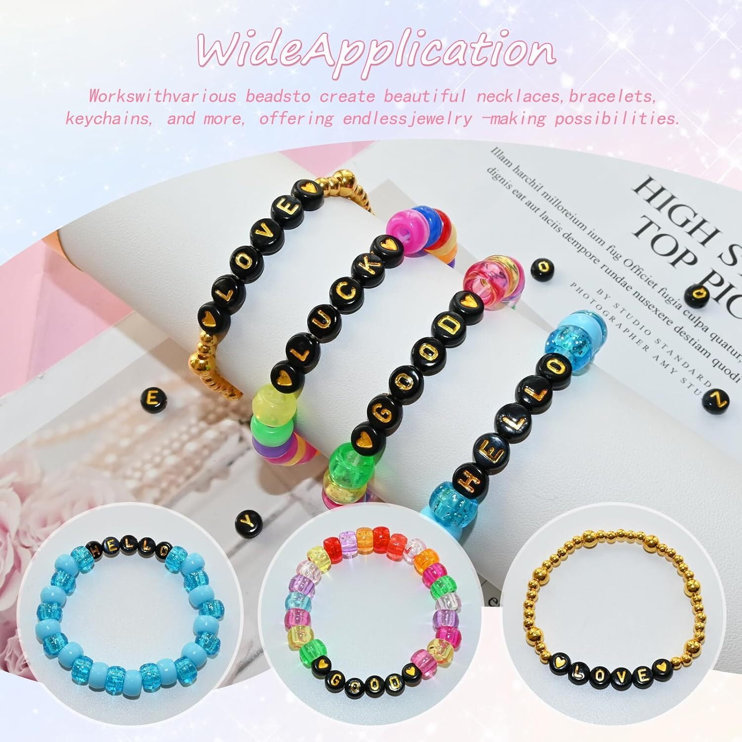 1400 Pieces Round Alphabet Letter Beads A-Z 4x7mm Black Acrylic with Colorful Letter and Crystal Line for Jewelry Making, Style 3