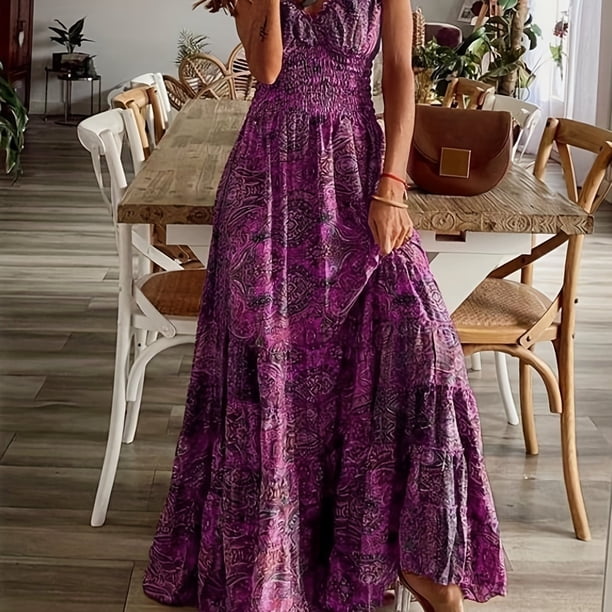 Vestido Elegante De Talla Grande, Vestido Maxi Elástico Alto Fruncido Con Cuello En V Y Manga De Burbuja Con Estampado Floral Para Mujer