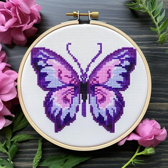 Purple Butterfly 11CT Stamped Cross Stitch Kits Easy for Beginners Child with Hoop DIY Needlepoint Counted Embroidery Kits Art Craft Wall Decor 12x12IN(6)