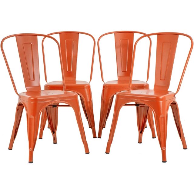 FDW Set of 4 Metal Dining Chairs, Wooden Seat, 18" Stackable Kitchen Chairs for Indoor Outdoor Patio, Restaurant, Cafe Seating (Orange)