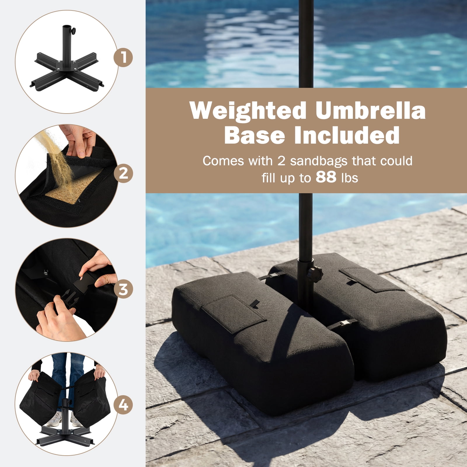 Costway 9 FT Patio Umbrella with Weighted Base Sandbags Push Button Tilt Crank Sturdy Ribs Gray