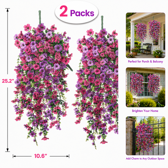 2 Pack Genreen Artificial Hanging Flowers for Outdoors Decorations, Fake Hanging Flowers, UV Resistant Artificial Hanging Plants outdoors for Home Porch Patio Balcony Baskets Yard(Purple & Rose Red)