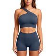 thumbnail image 6 of VBVC Women's One Shoulder Ribbed 2 Piece Workout Short Sets , Ladies' High Waist Yoga Matching Outfits , Sport Gym Athletic Activewear Sets For Women,Navy,Free Size, 6 of 7