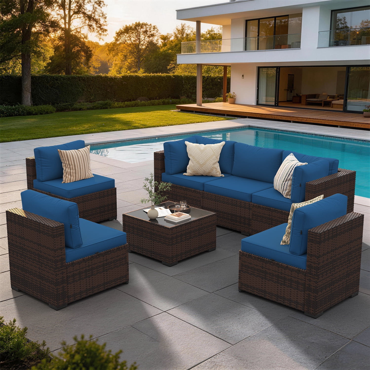Clouddwell 7 Piece Outdoor Patio Furniture Set, Wicker Rattan Patio Sectional Sofa Set, Blue