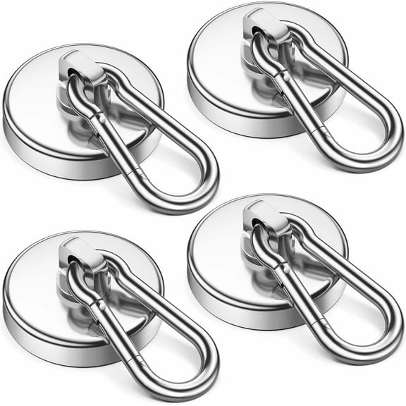 Strong Magnetic Hooks, 150Lbs 4 Pack Neodymium Grade-52 Magnet Hooks Heavy Duty, Magnets with Swivel Carabiner Hook for Hanging, Cruise, Garage, Refrigerator, Kitchen, Office, Home