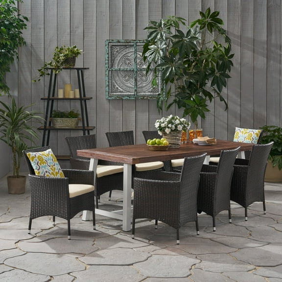 Titan Outdoor Wood and Wicker 8 Seater Dining Set, Dark Brown and Multibrown
